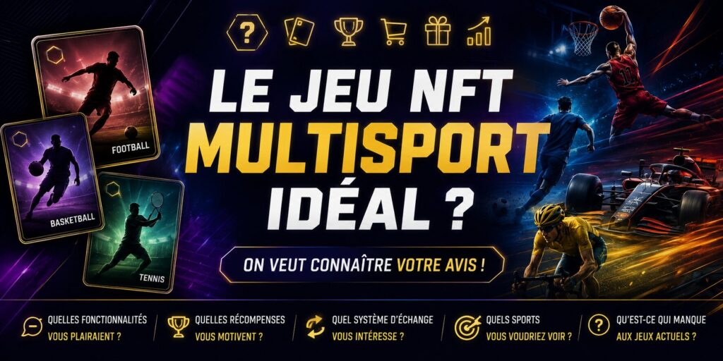 Illustration d’un concept de jeu NFT multisport avec plusieurs cartes numériques représentant différents sports, une interface futuriste, des trophées et des éléments blockchain sur fond technologique bleu et violet.