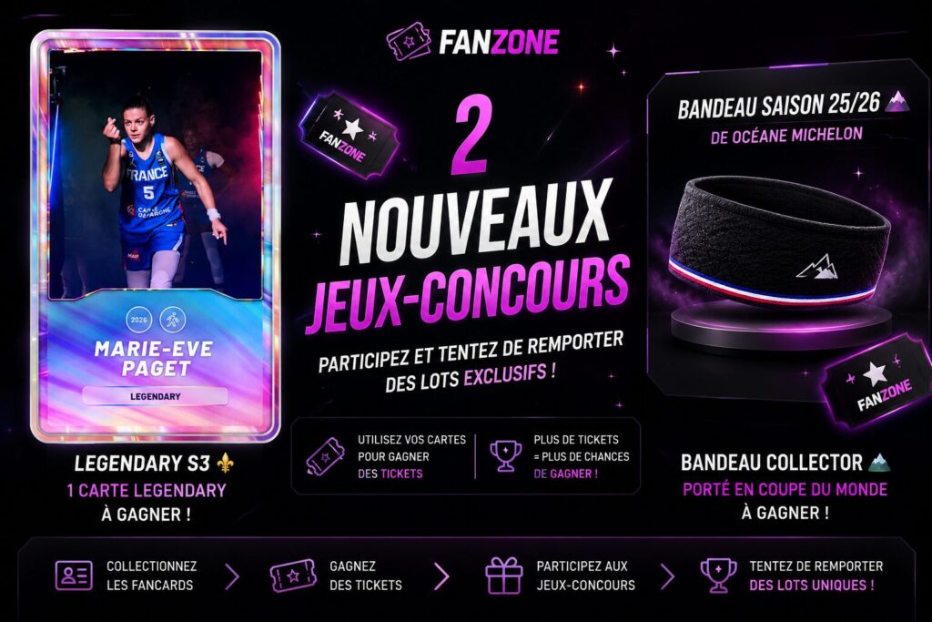 Visuel promotionnel annonçant deux nouveaux jeux-concours sur Genezys FanZone avec une carte Legendary Marie-Eve Paget et un bandeau collector d'Océane Michelon à gagner.