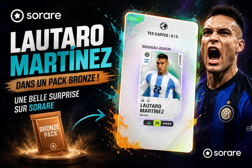 Visuel Sorare montrant Lautaro Martínez obtenu dans un pack Bronze, avec une carte Colors notée 55 et une ambiance dynamique de fantasy football.
