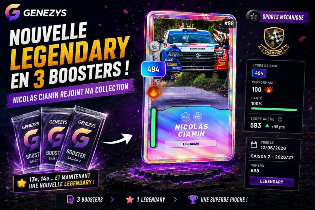 Visuel Genezys montrant l’obtention d’une carte Legendary Nicolas Ciamin en seulement 3 boosters, avec une carte de rallye, des statistiques et une ambiance gaming futuriste.