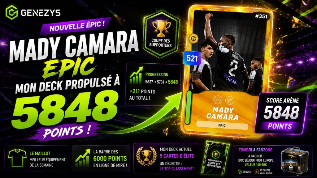 Mady Camara Epic sur Genezys avec un deck à 5848 points dans la Coupe des Supporters, visuel montrant la progression du score et l'objectif des 6000 points.
