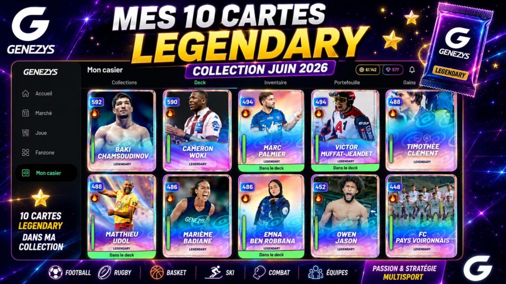 Mes 10 cartes Legendary sur Genezys en juin 2026 avec Baki Chamsoudinov, Cameron Woki, Marc Palmier, Victor Muffat-Jeandet, Timothée Clément et d'autres athlètes issus de plusieurs disciplines sportives.