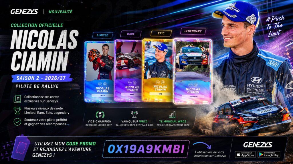 Collection Nicolas Ciamin sur Genezys : visuel promotionnel horizontal présentant le pilote de rallye français Nicolas Ciamin, ses cartes Limited, Rare, Epic et Legendary, une voiture de rallye en action et la Saison 2 2026/27.