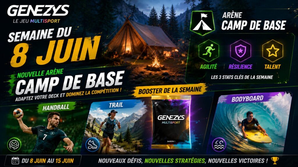 Visuel de la semaine du 8 juin sur Genezys présentant l'arène Camp de Base, les sports handball, trail et bodyboard ainsi que les statistiques Agilité, Résilience et Talent.