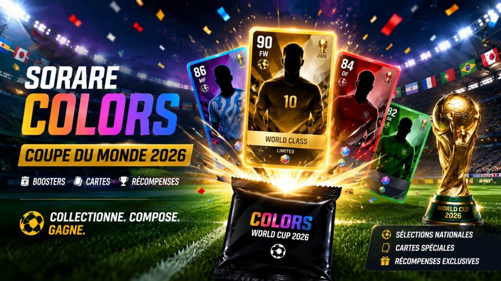 Illustration de Sorare Colors Coupe du Monde 2026 montrant l'ouverture d'un booster avec plusieurs cartes de football spéciales, un trophée doré et un stade illuminé en arrière-plan.