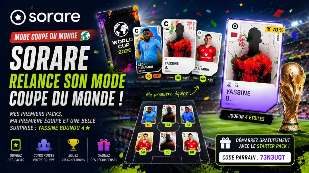 Illustration horizontale sur le retour du mode Coupe du Monde de Sorare avec des packs de cartes, une équipe fantasy football, une carte de Yassine Bounou 4 étoiles, un stade de football illuminé et le trophée de la Coupe du Monde.