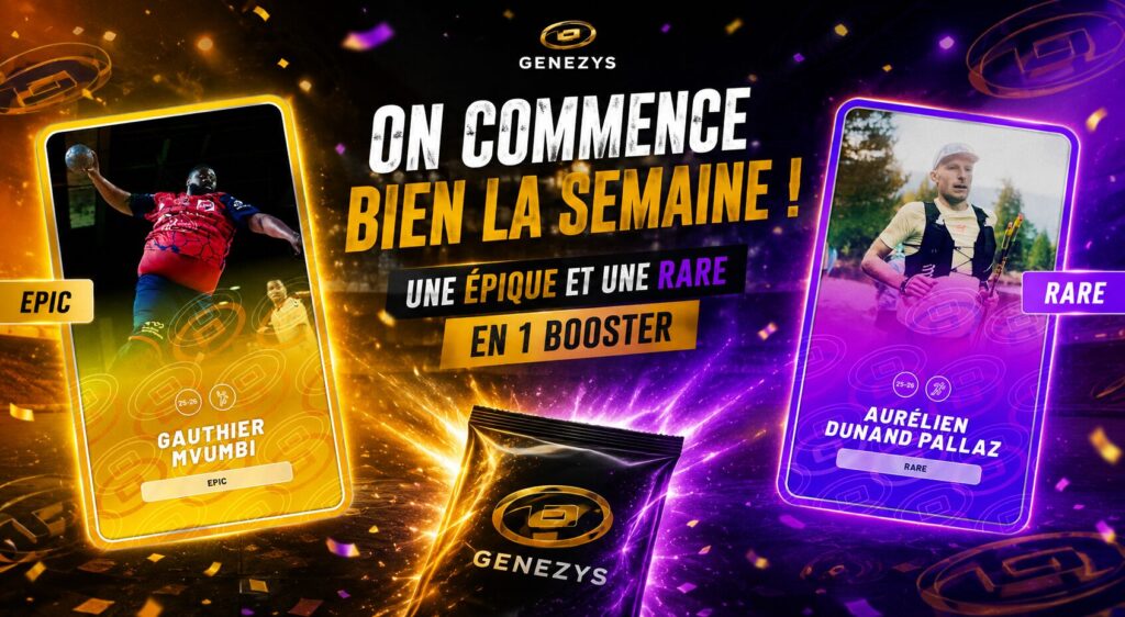 Ouverture réussie sur Genezys avec une carte Epic de Gauthier Mvumbi et une carte Rare d’Aurélien Dunand Pallaz obtenues dans un seul booster.
