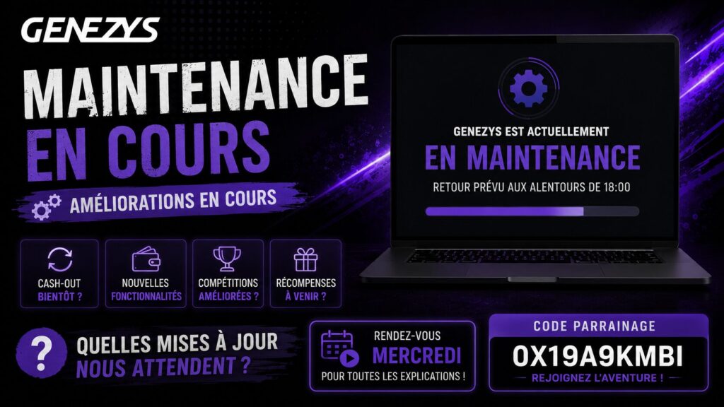 Illustration de la maintenance de Genezys avec un écran indiquant une mise à jour en cours, les fonctionnalités attendues comme le cash-out et un rappel du live du mercredi.