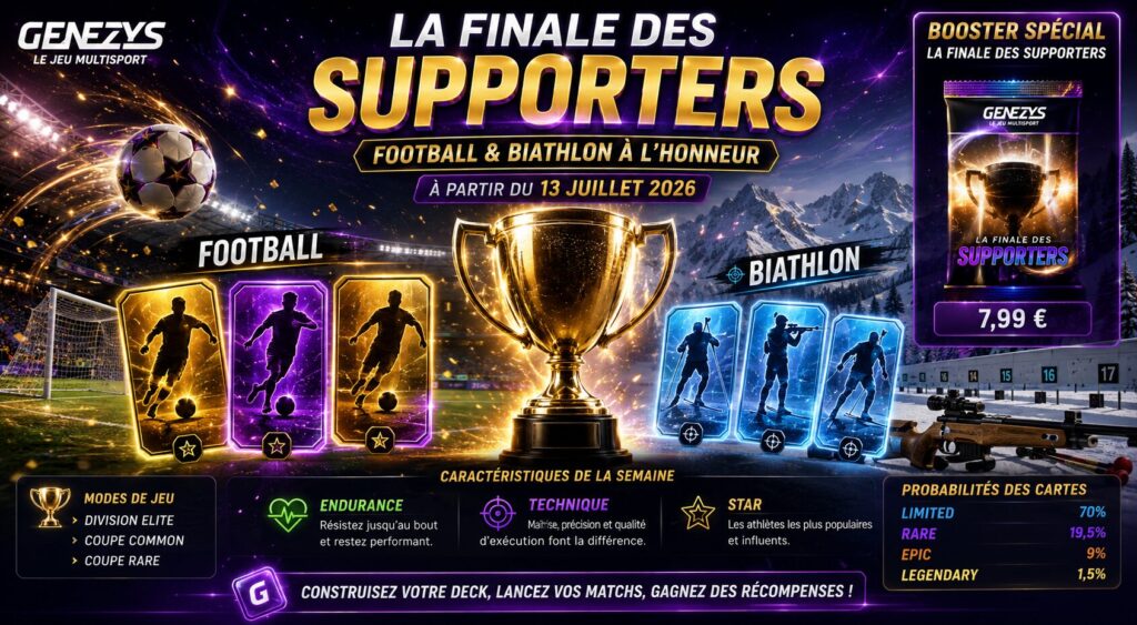 Illustration originale représentant la semaine Genezys « La Finale des Supporters » avec un trophée au centre, un stade de football, une scène de biathlon et les caractéristiques Endurance, Technique et Star mises en avant.
