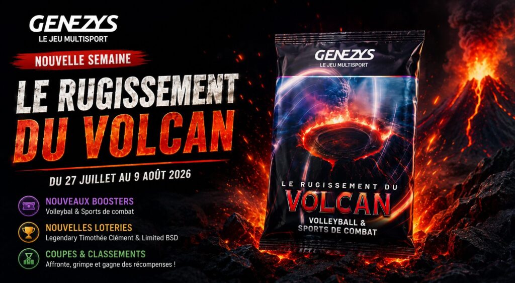 Booster Genezys « Le Rugissement du Volcan » présenté dans un décor volcanique pour illustrer la nouvelle semaine du jeu multisport.
