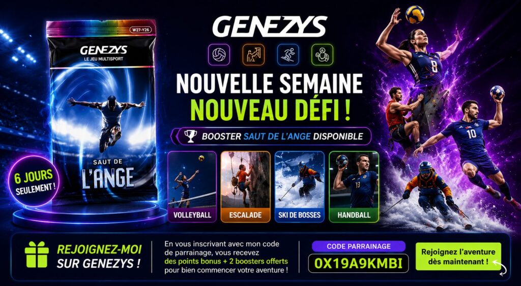 Visuel promotionnel horizontal de Genezys présentant le booster « Saut de l'Ange », les quatre sports mis à l'honneur (volleyball, escalade, ski de bosses et handball) ainsi que le code de parrainage pour obtenir des bonus de bienvenue.