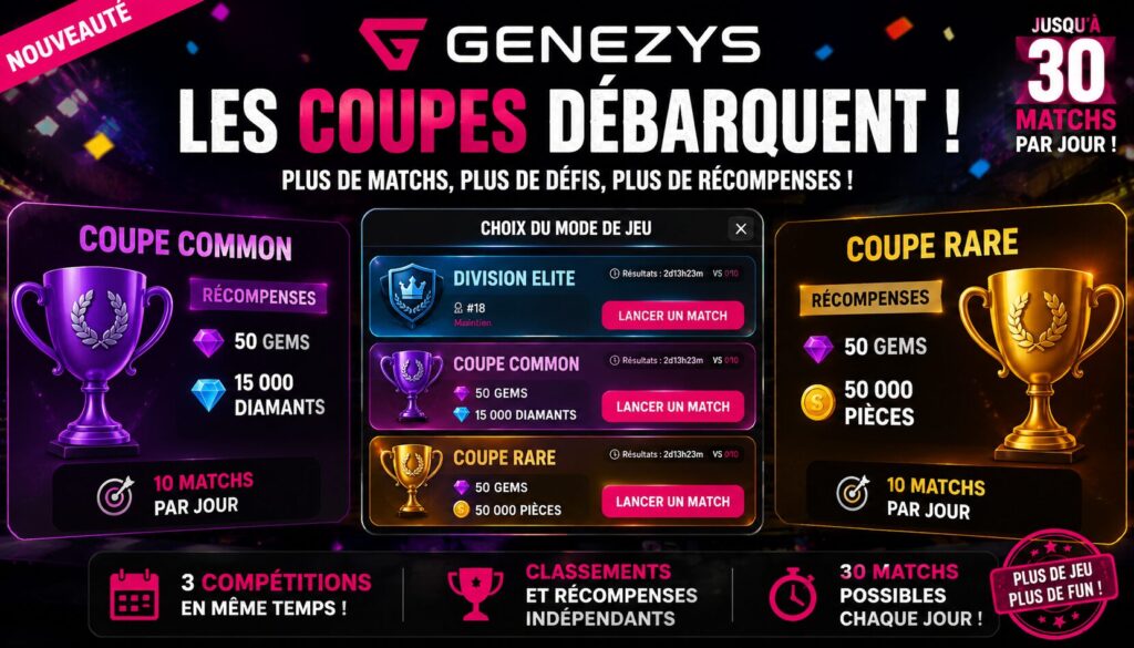 Illustration représentant les nouvelles Coupes Common et Rare sur Genezys avec un total de 30 matchs possibles par jour et des récompenses dédiées.