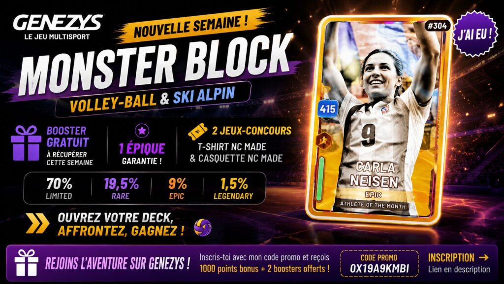 Illustration de la nouvelle semaine Monster Block sur Genezys avec le booster gratuit, la FanCard Epic Carla Neisen et les nouveautés de la collection.